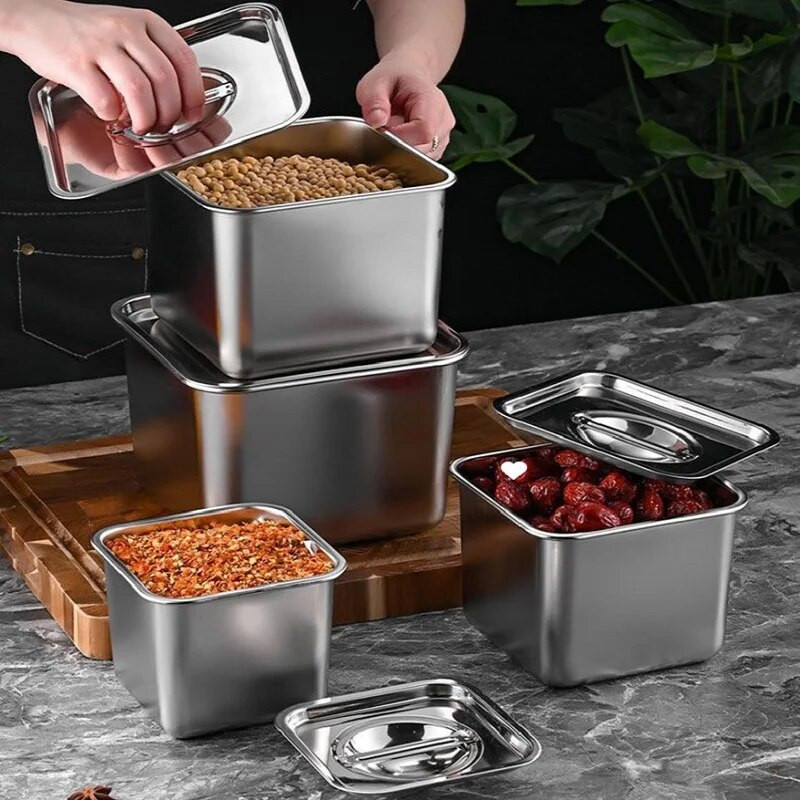 Kvadratinė nerūdijančio plieno prieskonių dėžutė pagardų laikymo indelis prieskoniams pipirai virtuvės taukai talpyklos padažas organizatorius maisto gaminimo reikmenys