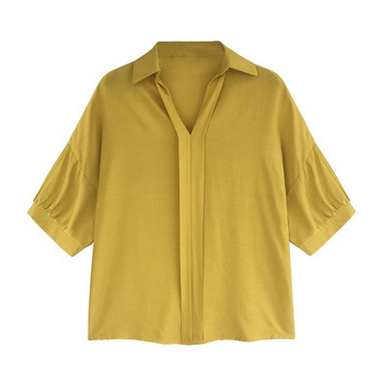 Лятна риза Дамска свободна ежедневна блуза с къс ръкав с голям размер Дамска едноцветна долна риза с отложена яка H9123