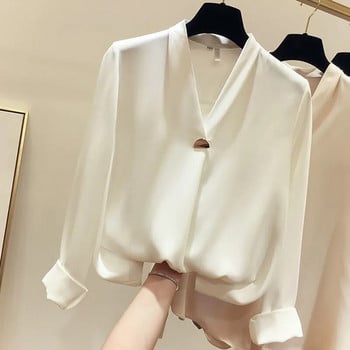 Есенни дамски модни блузи за 2020 г. Едноцветни дамски дрехи с голям размер Свободна риза с дълъг ръкав Блуза с V-образно деколте Семпли стари женствени блузи