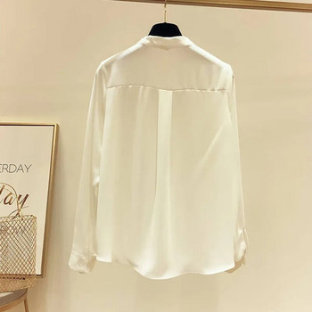 Есенни дамски модни блузи за 2020 г. Едноцветни дамски дрехи с голям размер Свободна риза с дълъг ръкав Блуза с V-образно деколте Семпли стари женствени блузи