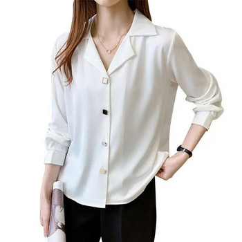 Φθινοπωρινά κομψά κουμπιά μονόχρωμα γυναικεία γυναικεία ρούχα με μακρυμάνικο λαιμόκοψη βασική μπλούζα γυναικεία μπλούζα απλότητας
