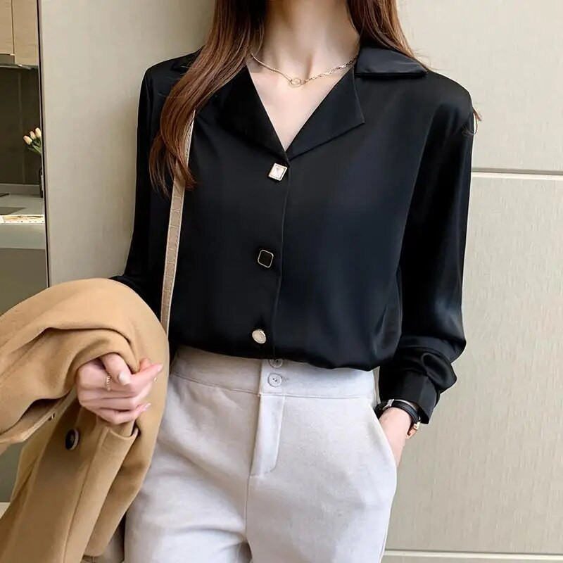 Jesenska, elegantna dugmad, jednobojna, polo-izrez, ženska odjeća s dugim rukavima Femme Basic bluza za sve kombinacije Ženske jednostavne majice