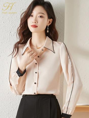 H Han Queen Κορεάτικη φθινοπωρινή Blusas Γυναικείες vintage σατέν μπλούζες από σιφόν μακρυμάνικο casual μπλούζα εργασίας πουκάμισα γραφείου