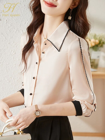 H Han Queen Κορεάτικη φθινοπωρινή Blusas Γυναικείες vintage σατέν μπλούζες από σιφόν μακρυμάνικο casual μπλούζα εργασίας πουκάμισα γραφείου