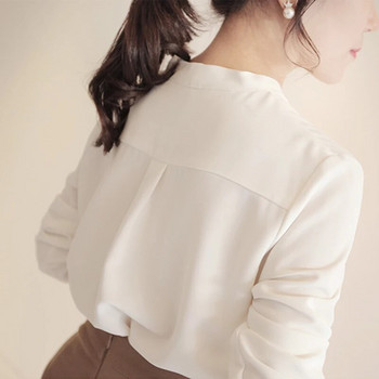 Дамски ризи с дълъг ръкав Едноцветна бяла шифонена офис блуза Дамски дрехи Дамски топове и блузи Blusas Mujer De Moda 2023 A403