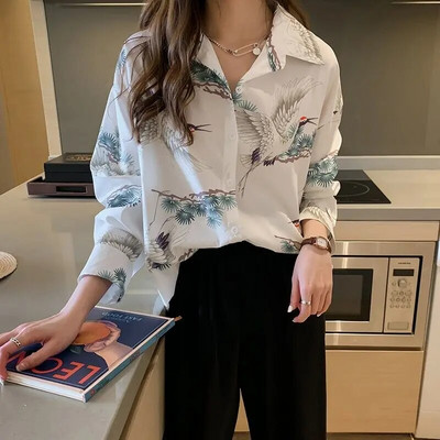 Нова дамска риза с ретро привкус на жерав, шифонена бохемска дамска блуза с дълги ръкави, висококачествени дамски ризи