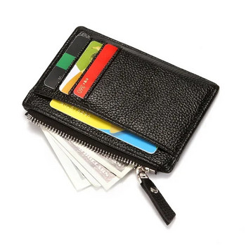 Мини чанта за карти с цип Тънко ID Банково портмоне Портфейл Органайзер за кредити Преносимо малко тънко ултратънко късо портмоне за мъже Черно