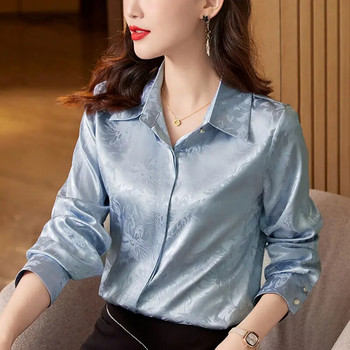 Сатенена жакардова риза с дълги ръкави за пролет есен Дамско облекло с отложна яка Блузи с копчета против бръчки