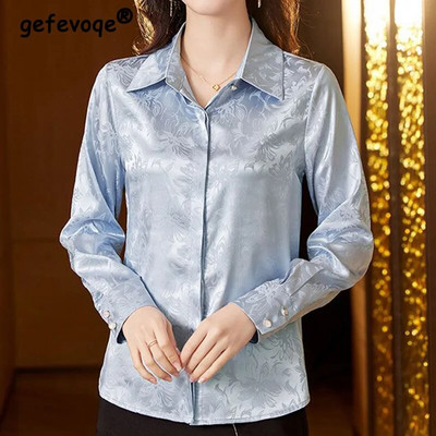 Сатенена жакардова риза с дълги ръкави за пролет есен Дамско облекло с отложна яка Блузи с копчета против бръчки