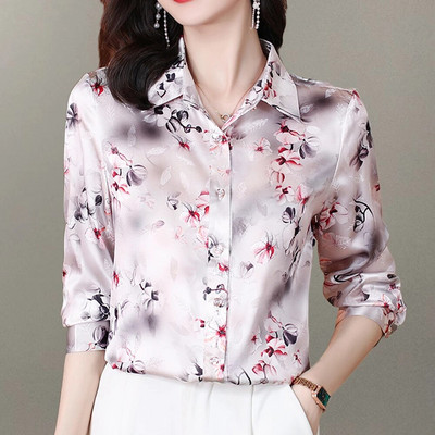 Модни дамски ризи с щампа на цветя Ежедневни сатенени блузи с дълъг ръкав Дамски ретро копринени ризи Топове Blusas Mujer De Moda 2024