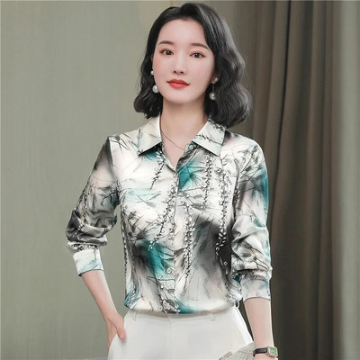 Divatos, virágmintás női ingek, hosszú ujjú, alkalmi szatén blúzok, női vintage selyemingek felsők Blusas Mujer De Moda 2024