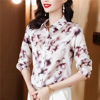 Divatos, virágmintás női ingek, hosszú ujjú, alkalmi szatén blúzok, női vintage selyemingek felsők Blusas Mujer De Moda 2024