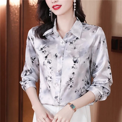 Divatos, virágmintás női ingek, hosszú ujjú, alkalmi szatén blúzok, női vintage selyemingek felsők Blusas Mujer De Moda 2024