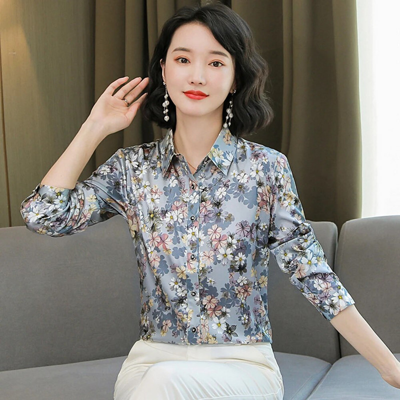 Divatos, virágmintás női ingek, hosszú ujjú, alkalmi szatén blúzok, női vintage selyemingek felsők Blusas Mujer De Moda 2024