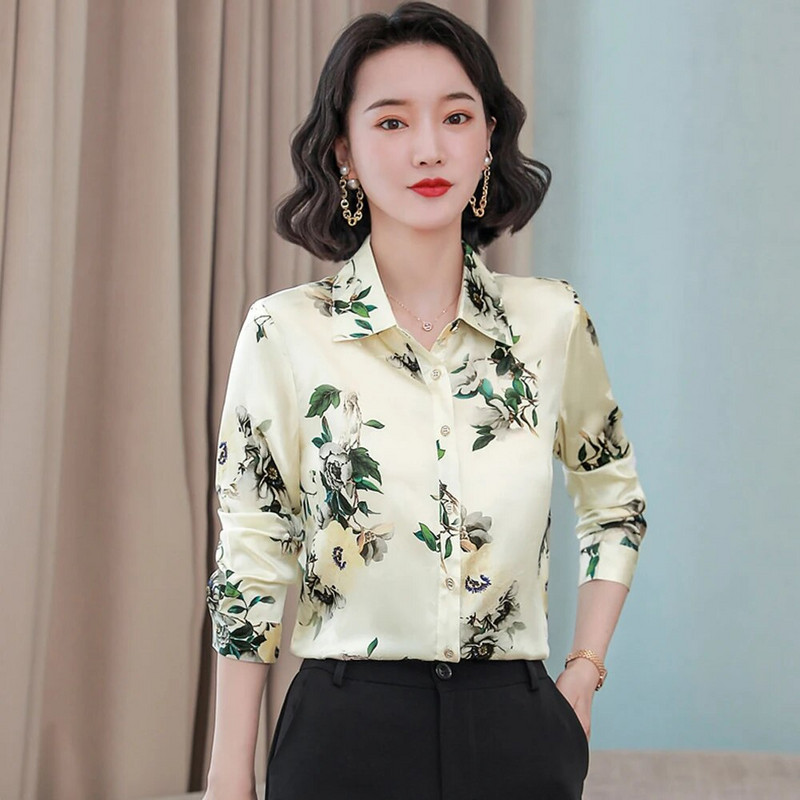 Divatos, virágmintás női ingek, hosszú ujjú, alkalmi szatén blúzok, női vintage selyemingek felsők Blusas Mujer De Moda 2024