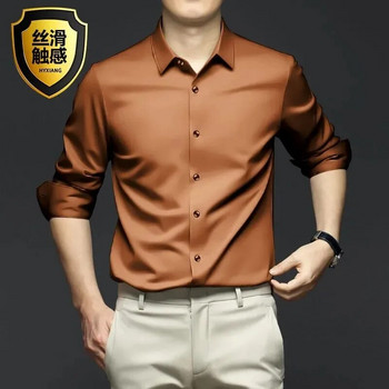 Нова висококачествена оранжева мъжка риза с дълъг ръкав Луксозна устойчива на бръчки негладяща плътна бизнес ежедневна риза S-5XL