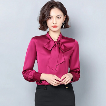 Κομψό φιόγκο σατέν μεταξωτό γυναικεία πουκάμισα και μπλούζες μακρυμάνικα κορεατικής μόδας Vintage γραφείο Lady Basic μπλουζάκια Γυναικεία casual ρούχα