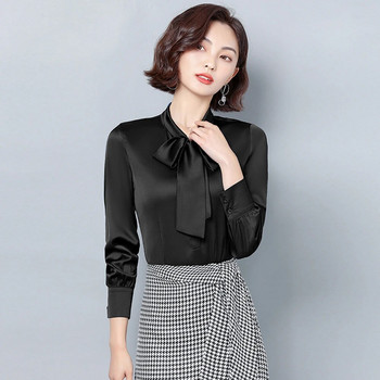 Κομψό φιόγκο σατέν μεταξωτό γυναικεία πουκάμισα και μπλούζες μακρυμάνικα κορεατικής μόδας Vintage γραφείο Lady Basic μπλουζάκια Γυναικεία casual ρούχα