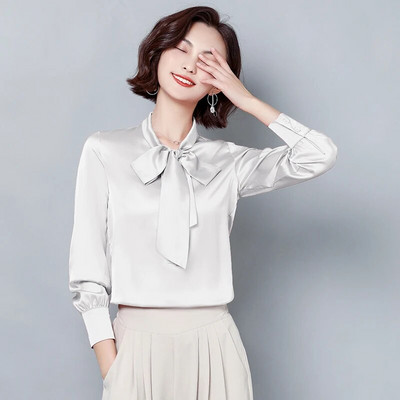 Elegantne satenske svilene mašne Ženske košulje i bluze dugih rukava Korejska moda Vintage uredske dame Basic Tops Ženska ležerna odjeća