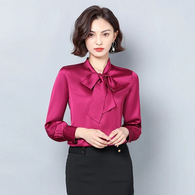 Elegantne satenske svilene mašne Ženske košulje i bluze dugih rukava Korejska moda Vintage uredske dame Basic Tops Ženska ležerna odjeća