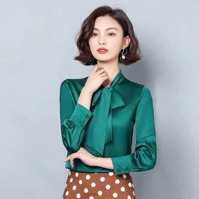 Elegantne satenske svilene mašne Ženske košulje i bluze dugih rukava Korejska moda Vintage uredske dame Basic Tops Ženska ležerna odjeća