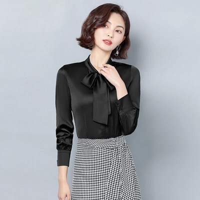 Elegantne satenske svilene mašne Ženske košulje i bluze dugih rukava Korejska moda Vintage uredske dame Basic Tops Ženska ležerna odjeća