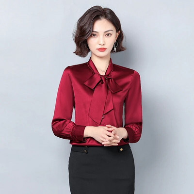 Elegantne satenske svilene mašne Ženske košulje i bluze dugih rukava Korejska moda Vintage uredske dame Basic Tops Ženska ležerna odjeća
