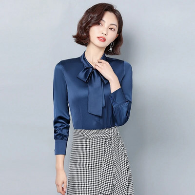 Elegantne satenske svilene mašne Ženske košulje i bluze dugih rukava Korejska moda Vintage uredske dame Basic Tops Ženska ležerna odjeća