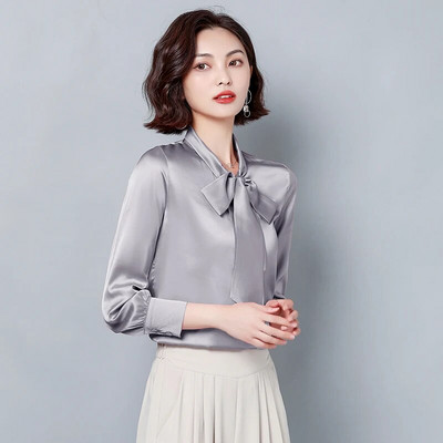 Elegantne satenske svilene mašne Ženske košulje i bluze dugih rukava Korejska moda Vintage uredske dame Basic Tops Ženska ležerna odjeća