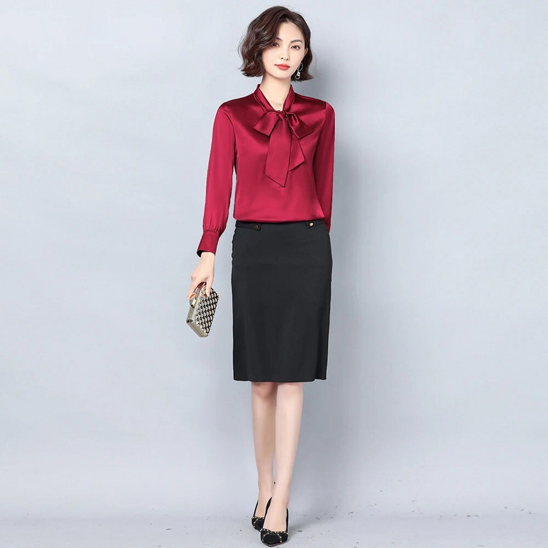 Elegantne satenske svilene mašne Ženske košulje i bluze dugih rukava Korejska moda Vintage uredske dame Basic Tops Ženska ležerna odjeća