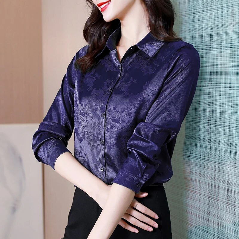 Modne svilene ženske bluze Košulje s dugim rukavima Jacquard satenska ženska košulja Puna bluza s dugmadima Elegantna ženska odjeća