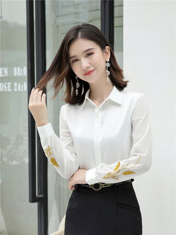 Дамска блуза Есенна мода 2022 г. Корейски сатенени горнища Мрежеста бродерия с дълъг ръкав Шифонова широка риза Тъмносини дрехи за офис дами