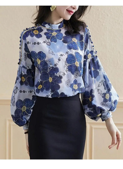Ženske košulje Proljeće Ljeto Novi cvjetni print Vintage duge lampion rukave i samostojeći izrez Maxi Elegantne lijepe košulje Bluze NS709