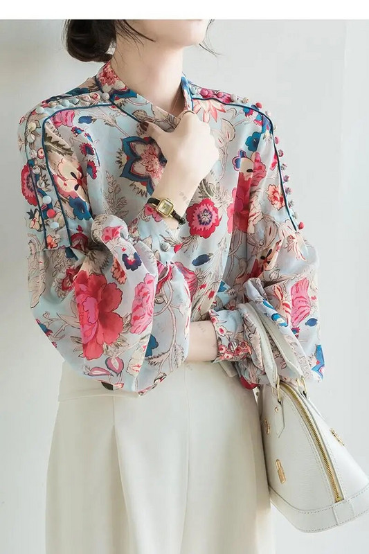 Ženske košulje Proljeće Ljeto Novi cvjetni print Vintage duge lampion rukave i samostojeći izrez Maxi Elegantne lijepe košulje Bluze NS709