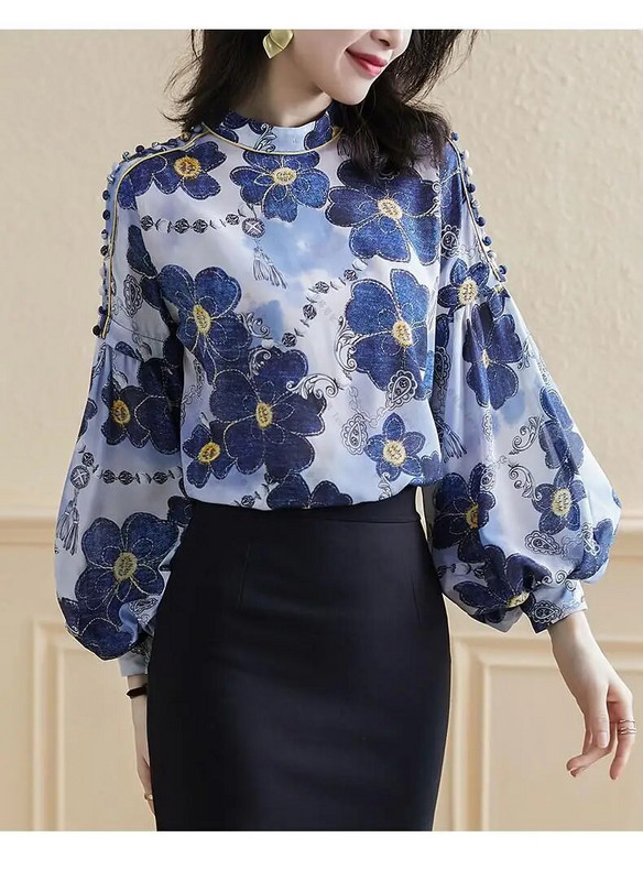 Ženske košulje Proljeće Ljeto Novi cvjetni print Vintage duge lampion rukave i samostojeći izrez Maxi Elegantne lijepe košulje Bluze NS709