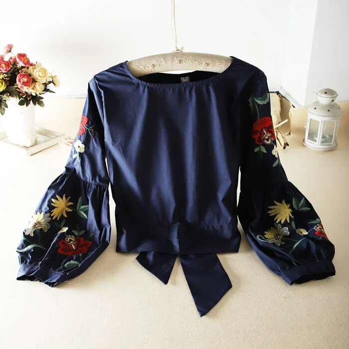 Ženska proljetna ljetna vintage košulja dugih rukava s cvjetnim vezom Ženska ležerna kratka pamučna majica visokog struka TB1108