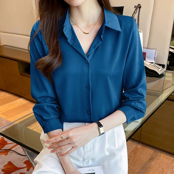 Модни елегантни сатенени ризи Едноцветни дамски ризи Ежедневни дамски блузи 2023 Пролет Ризи с дълъг ръкав Топове Blusas Mujer
