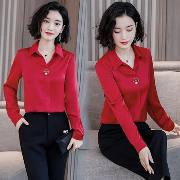 Дамски дрехи Нови тънки пролетни есенни универсални корейски ризи с дълги ръкави, горнища, копчета, плътна блуза с поло деколте, модна тенденция