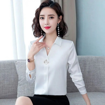 Дамски дрехи Нови тънки пролетни есенни универсални корейски ризи с дълги ръкави, горнища, копчета, плътна блуза с поло деколте, модна тенденция