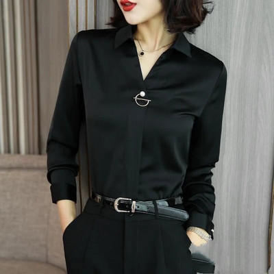 Moteriški rūbai Nauji ploni pavasario rudeniniai korėjietiški marškiniai ilgomis rankovėmis Viršutinės sagos Tvirta palaidinė su kaklu, madinga