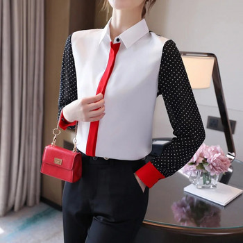 Офис дама Свободни модни дантелени шифонени ризи Пролетни нови райета пачуърк Проста ежедневна блуза Дамско облекло