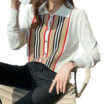 Γυναικεία Γαλλικά Vintage ριγέ εμπριμέ πουκάμισα Ανοιξιάτικα μακρυμάνικα φαρδιά, Κομψά μπλούζες από σιφόν Κομψό απλό τοπ