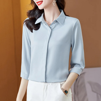 2023 г. Корейски модни дамски блузи Офис дама Обикновено лилаво вино Бели сатенени ризи Удобни копринени топове с 3/4 ръкави Дамски