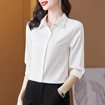 2023 г. Корейски модни дамски блузи Офис дама Обикновено лилаво вино Бели сатенени ризи Удобни копринени топове с 3/4 ръкави Дамски