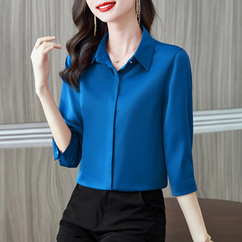 2023 Κορεάτικη μόδα Γυναικείες μπλούζες Office Lady Simple Purple Wine Λευκό Σατέν Πουκάμισα Άνετα 3/4 μανίκια μεταξωτά μπλουζάκια Γυναικεία