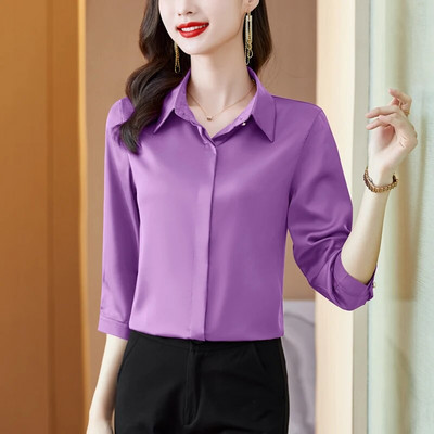 2023. korejske modne ženske bluze uredske dame jednostavne ljubičaste boje vina bijele satenske košulje udobne svilene majice s 3/4 rukava žene