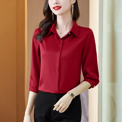 2023. korejske modne ženske bluze uredske dame jednostavne ljubičaste boje vina bijele satenske košulje udobne svilene majice s 3/4 rukava žene
