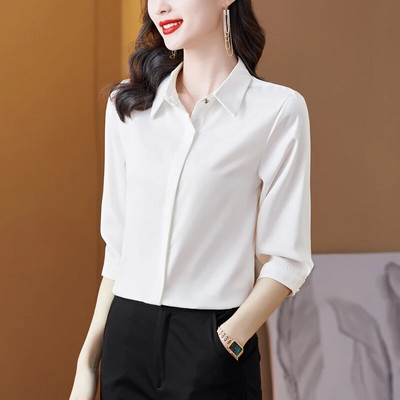 2023. korejske modne ženske bluze uredske dame jednostavne ljubičaste boje vina bijele satenske košulje udobne svilene majice s 3/4 rukava žene