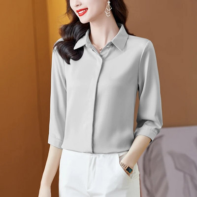 2023. korejske modne ženske bluze uredske dame jednostavne ljubičaste boje vina bijele satenske košulje udobne svilene majice s 3/4 rukava žene