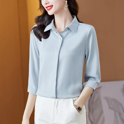 2023. korejske modne ženske bluze uredske dame jednostavne ljubičaste boje vina bijele satenske košulje udobne svilene majice s 3/4 rukava žene